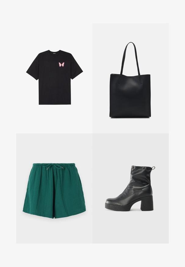 Čierne bavlnené tričko s krátkymi rukávmi, s malým ružovým motýlikom na ľavej hrudi. Design s okrúhlym výstrihom a uvoľneným strihom.; Zelené, ľahké šortky s elastickým pásom a sťahovacou šnúrkou. Majú textúrovanú tkaninu s jemným, pokrčeným vzhľadom.; Čierne členkové topánky z hladkej kože, so bočným zipsom, robustnou textúrovanou pätnou časťou a zaobleným dizajnom špičky.; Čierna kožená taška na rameno s hladkým povrchom, obdĺžnikovým tvarom a dvoma dlhými uchami. Bez viditeľného kovania alebo ozdôb.