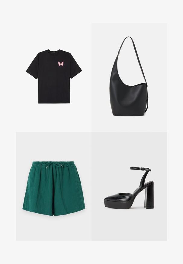 Fekete pamut póló rövid ujjakkal, bal mellkason egy kis rózsaszín pillangó grafikával. Kerek nyakú kialakítás, laza fazonnal.; Zöld, könnyű rövidnadrág, elasztikus derékkal és zsinórral. Texturált anyaga puha, gyűrött megjelenésű.; Fekete platform magassarkú cipők hegyes orral és állítható bokapánttal. Sima bőrből készült, vastag talppal.; Fekete bőr hobo táska sima textúrával, ívelt formával és egyetlen állítható pánttal; széles nyílás található a tetején.