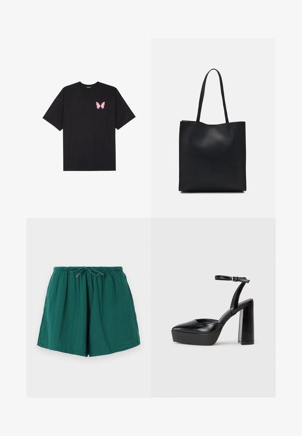 T-shirt nera in cotone con maniche corte, caratterizzata da una piccola grafica di una farfalla rosa sul lato sinistro del petto. Design a girocollo con una vestibilità rilassata.; Shorts verdi, leggeri, con vita elasticizzata e coulisse. Presentano un tessuto testurizzato con un aspetto morbido e spiegazzato.; Tacchi a piattaforma neri con punta appuntita e cinturino regolabile alla caviglia. Realizzati in pelle liscia, presentano un tacco a blocco spesso.; Borsa tote in pelle nera con texture liscia, forma rettangolare e due manici lunghi. Nessun hardware o decorazione visibile.