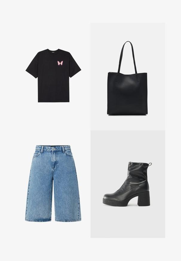 Melna kokvilnas T-krekls ar īsām piedurknēm, kuram priekšā kreisajā pusē ir neliels rozā tauriņa grafiskais attēls. Ar apaļu kaklu un brīvā stila piegriezumu.; Gaiši zili džinsu šorti ar plašu piegriezumu, standarta piecu kabatu dizainu un teksturētu audumu ar nolietotu apdari.; Melni potītes zābaki, kas izgatavoti no gludas ādas, ar sānu rāvējslēdzēju, masīvu strukturētu papēdi un noapaļotu purngalu.; Melnas ādas somiņa ar gludu tekstūru, taisnstūra formu un divām garām rokturiem. Nav redzamu aparatūras vai rotājumu.