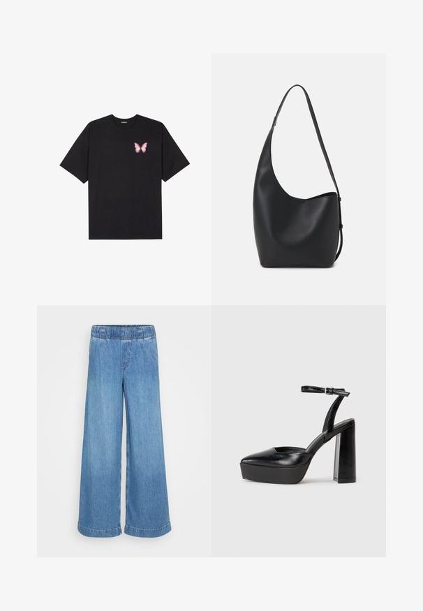 Black cotton t-shirt with short sleeves, featuring a small pink butterfly graphic on the left chest. Crew neck design with a relaxed fit.; Light blue, wide-leg jeans made of denim with an elastic waistband and no visible pockets. Features a clean finish with rolled hems.; Black platform heels with a pointed toe and adjustable ankle strap. Constructed from smooth leather, featuring a chunky block heel.; Black leather hobo bag with a smooth texture, curved shape, and single adjustable strap; features a wide opening at the top.