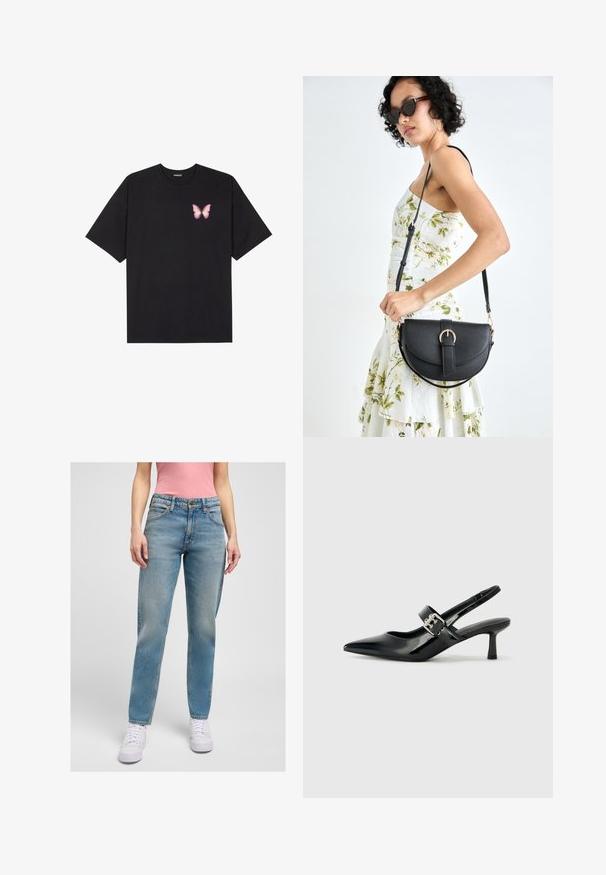 Crna pamučna majica s kratkim rukavima, s malim grafičkim prikazom ružičaste vjetricaste s desne strane na prsima. Dizajn s okruglim izrezom i opuštenim krojem.; Svijetloplavi traperice s opuštenim krojem, pet džepova i suptilnim detaljima na prednjem dijelu. Uparene s bijelim tenisicama.; Crne lakirane slingback potpetice s oštrim prstom i malom blok petom, s naglaskom na srebrnoj kopči na remenu.; Crna kožna torba s lukovitim oblikom, odvojivim remenom i zlatnim detaljima. Torba ima preklop s kopčom.