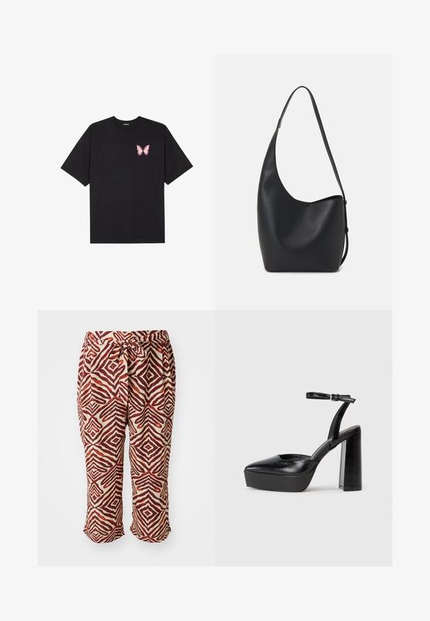 Melna kokvilnas T-krekls ar īsām piedurknēm, kuram priekšā kreisajā pusē ir neliels rozā tauriņa grafiskais attēls. Ar apaļu kaklu un brīvā stila piegriezumu.; Sarkana un brūna rakstaina bikses ar aukliņu viduklī. Satur ģeometrisku motīvu uz gaiša fona. Vidus līdz teļiem, viegla auduma.; Melnas platformas papēžs ar norādītu purngala formu un regulējamu potītes siksniņu. Izgatavotas no gludas ādas, ar masīvu bloku papēdi.; Melnas ādas hobo soma ar gludu tekstūru, izliekta forma un vienu regulējamu jostu; augšā ir plaša atvere.