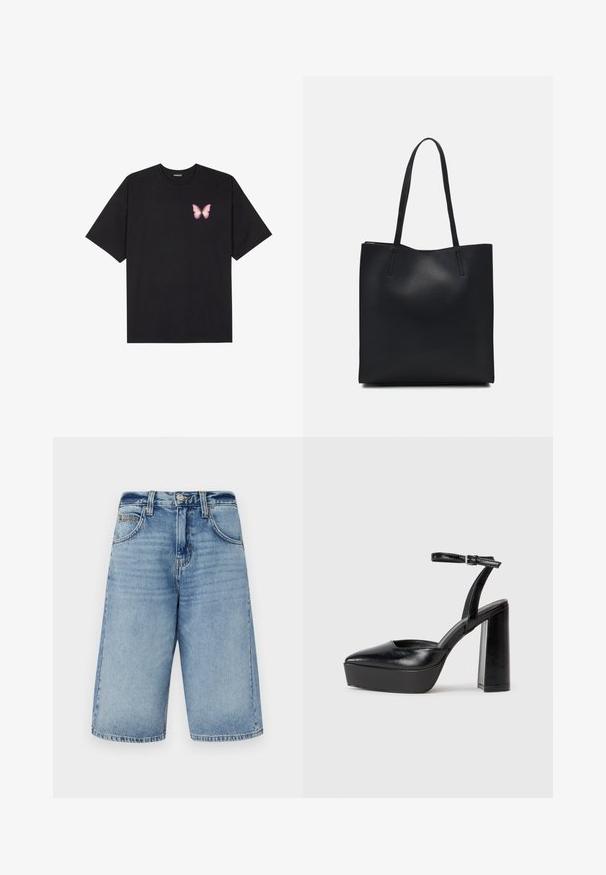 Black cotton t-shirt with short sleeves, featuring a small pink butterfly graphic on the left chest. Crew neck design with a relaxed fit.; BDG Urban Outfitters LOGAN - Denim shorts - light vintage; Black platform heels with a pointed toe and adjustable ankle strap. Constructed from smooth leather, featuring a chunky block heel.; Black leather tote bag with smooth texture, rectangular shape, and two long handles. No visible hardware or embellishments.