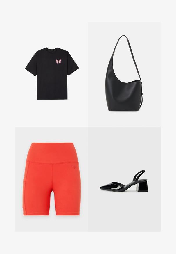 Juodas medvilnės marškinėliai trumpomis rankovėmis, su maža rožine drugelio grafika kairėje krūtinės pusėje. Apvalus kaklo iškirpimas, laisvas kirpimas.; Raudoni sportiniai šortai su aukštu juosmeniu, pagaminti iš lygaus, elastingo medžiagos. Įrengtas šoninis kišenė ir mažas sušalintas logotipas.; Juodos lakuotos odinės šlepetės su smailiu pirštu ir geometriniu bloko kulnu. Turi elegantišką, minimalistinį dizainą ir lygų paviršių.; Juodas odinis hobo maišas su lygiu paviršiumi, kreipta forma ir viena reguliuojama rankena; turi platų atidarymą viršuje.