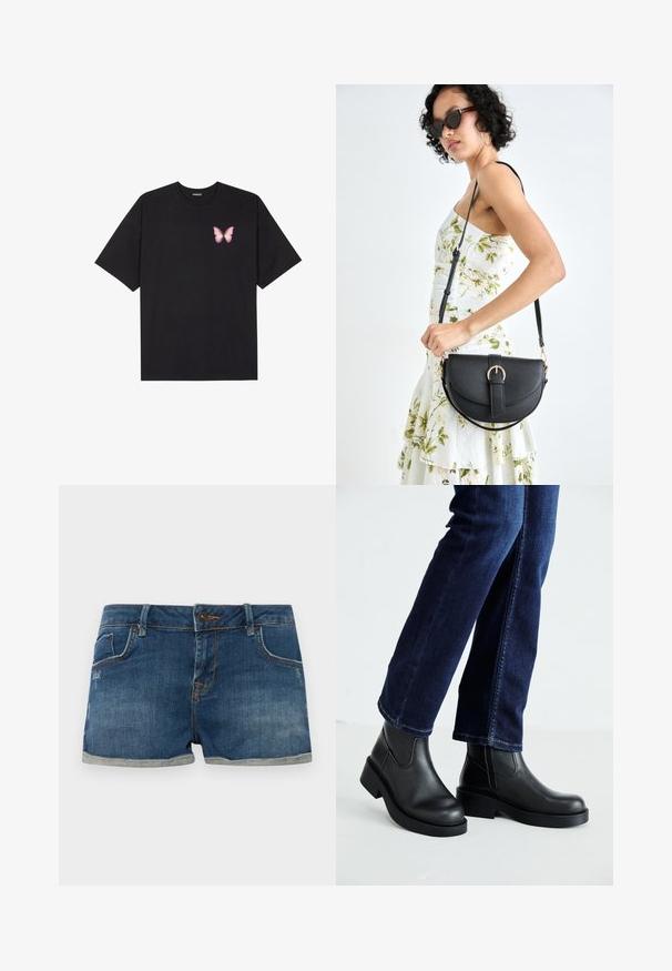 T-shirt de algodão preto com mangas curtas, apresentando um pequeno gráfico de borboleta rosa no lado esquerdo do peito. Design de gola redonda com um corte solto.; Calções de ganga, lavagem azul escura, design de cinco bolsos, bainhas dobradas, fecho de botão único, costura em contraste, ligeira descoloração na textura do tecido.; Botas de tornozelo de couro preto com sola grossa e painéis elásticos laterais, combinadas com jeans azul escuro. O chão é de cor clara.; Bolsa de couro preta com forma curva, alça destacável e detalhes em dourado. A bolsa possui uma aba com detalhe de fivela.