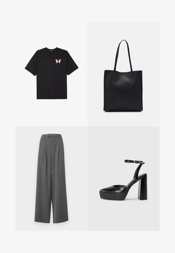 Fekete pamut póló rövid ujjakkal, bal mellkason egy kis rózsaszín pillangó grafikával. Kerek nyakú kialakítás, laza fazonnal.; ONLY Tall ONLSVEA PANT - Nadrágok - dark grey; Fekete platform magassarkú cipők hegyes orral és állítható bokapánttal. Sima bőrből készült, vastag talppal.; Fekete bőrtáska sima felszínnel, téglalap alakú, két hosszú füllel. Nincs látható fémkiegészítő vagy díszítés.