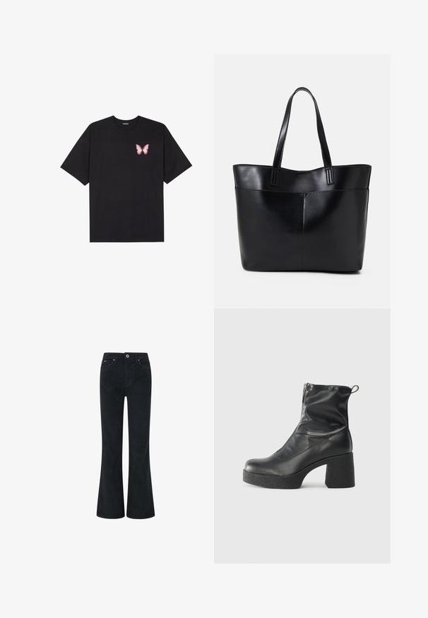 Svart bomullströja med korta ärmar, med en liten rosa fjärilsgrafik på vänster bröst. Rundad halsdesign med en avslappnad passform.; Svarta kordflorsbyxor med vida ben och stängning med knapp och dragkedja, med två framfickor och en slät yta. Rak bendesign.; Svarta ankelstövlar i slitstark läder, med sidodragkedja, kraftig strukturerad klack och rundad tådesign.; Svart läder tote-väska med två långa handtag, en slät yta och en strukturerad form. Har en framficka för extra förvaring.