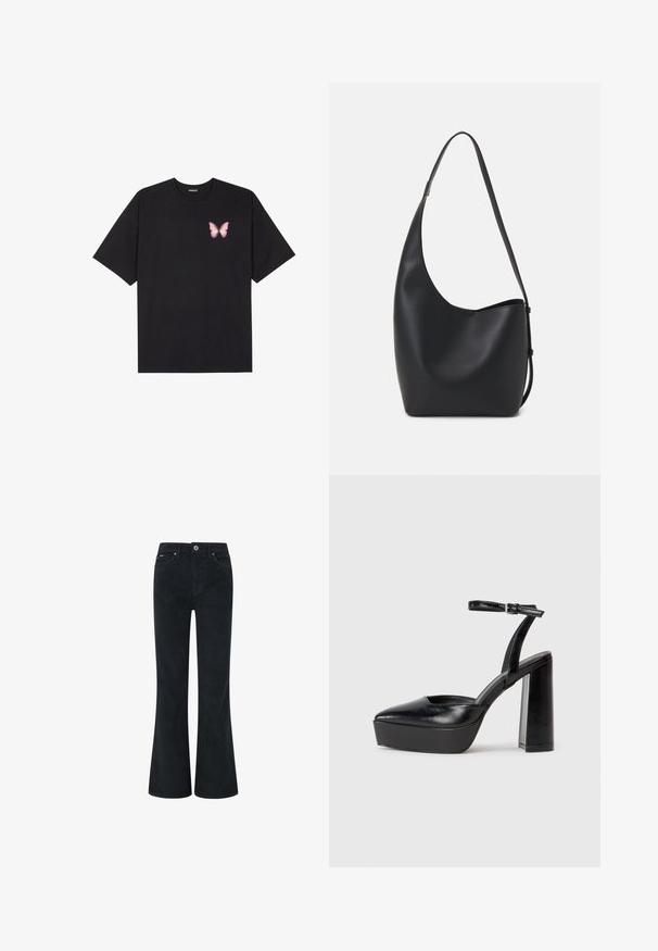 Black cotton t-shirt with short sleeves, featuring a small pink butterfly graphic on the left chest. Crew neck design with a relaxed fit.; Black corduroy flared pants with a button and zip closure, featuring two front pockets and a smooth texture. Straight leg design.; Black platform heels with a pointed toe and adjustable ankle strap. Constructed from smooth leather, featuring a chunky block heel.; Black leather hobo bag with a smooth texture, curved shape, and single adjustable strap; features a wide opening at the top.