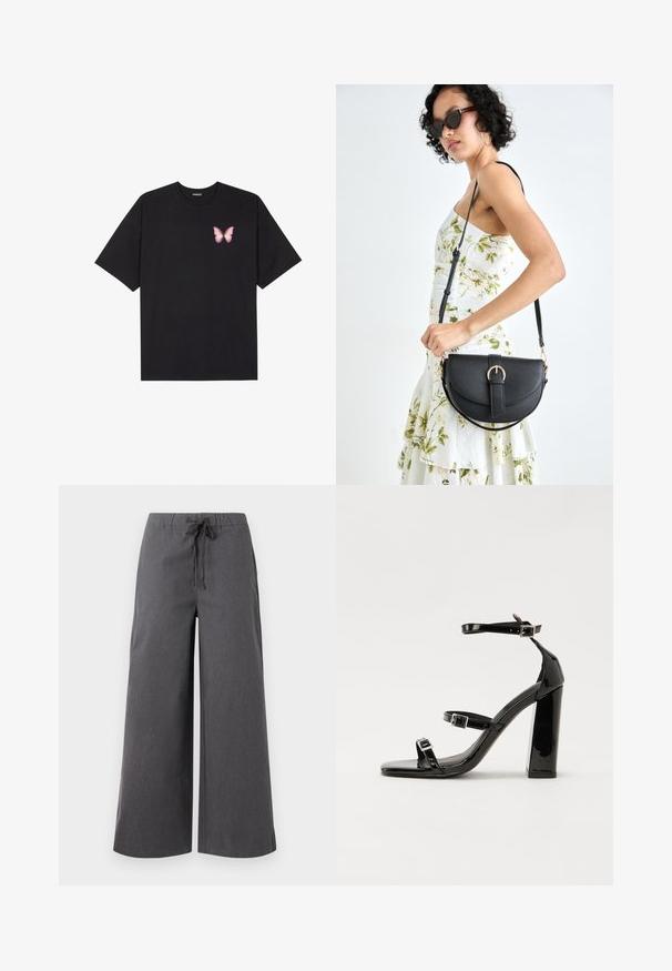T-shirt nera in cotone con maniche corte, caratterizzata da una piccola grafica di una farfalla rosa sul lato sinistro del petto. Design a girocollo con una vestibilità rilassata.; Pantaloni larghi di colore grigio scuro realizzati in un tessuto morbido, con una vita elastica e un cordino, e dettagli di cucitura minimi.; Sandali con tacco alto in vernice nera con due cinturini con fibbia, punta quadrata e tacco spesso a blocco, caratterizzati da una texture liscia e lucida.; Borsa a tracolla nera in pelle con una forma curva, manico rimovibile e accessori dorati. La borsa presenta una patta con un dettaglio a fibbia.