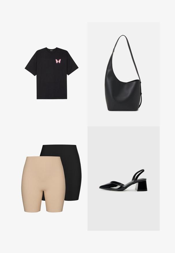 Črna bombažna majica s kratkimi rokavi, ki ima majhen roza metuljček na levi strani prsnega dela. Majica s krožnim ovratnikom in sproščenim krojem.; Dve pare hlač s visokim pasom: ena v nude barvi, druga v črni. Imajo gladko teksturo in dolžino do sredine stegna.; Črne lakirane slingback pete s koničastim nosom in geometrijsko blokasto peto. Imajo eleganten, minimalističen dizajn in gladko teksturo.; Črna usnjena hobo torba z gladko teksturo, ukrivljeno obliko in eno nastavljivo naramnico; ima širok odprtina na vrhu.