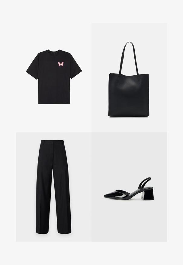 Black cotton t-shirt with short sleeves, featuring a small pink butterfly graphic on the left chest. Crew neck design with a relaxed fit.; Rouge Edit VISADIE TROUSER - Trousers - meteorite; Black patent leather slingback heels with a pointed toe and a geometric block heel. Features a sleek, minimal design and smooth texture.; Black leather tote bag with smooth texture, rectangular shape, and two long handles. No visible hardware or embellishments.