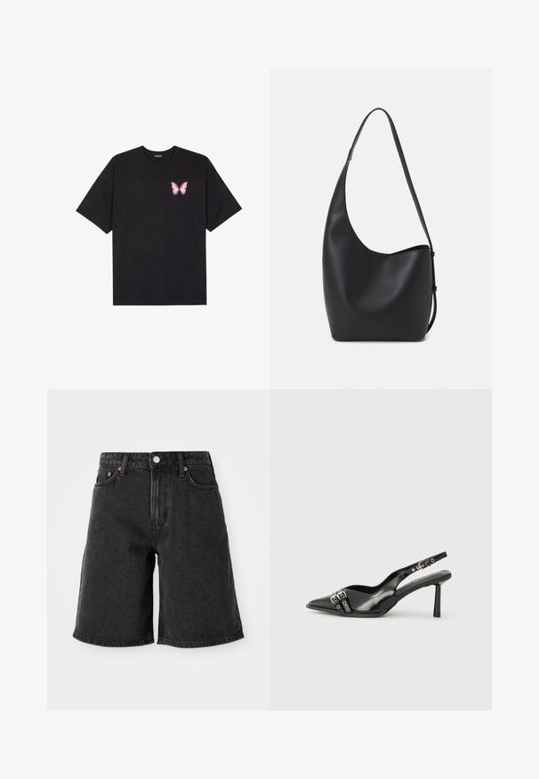 Black cotton t-shirt with short sleeves, featuring a small pink butterfly graphic on the left chest. Crew neck design with a relaxed fit.; Black denim shorts with a high waist, featuring five pockets, copper rivets, and a dark wash texture. Straight leg cut with a clean hem.; Black patent leather slingback shoe with pointed toe, ankle straps featuring silver buckles and hardware, and a slender heel.; Black leather hobo bag with a smooth texture, curved shape, and single adjustable strap; features a wide opening at the top.