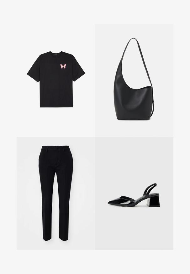 T-shirt de algodão preto com mangas curtas, apresentando um pequeno gráfico de borboleta rosa no lado esquerdo do peito. Design de gola redonda com um corte solto.; Calças pretas sob medida com uma textura de tecido suave, pernas retas e bolsos laterais angulados. Cintura simples com passadores de cinto, sem padrões visíveis.; Sandy em verniz preto com salto slingback, ponta afilada e salto geométrico. Apresenta um design elegante e minimalista com textura suave.; Saco hobo preto em pele com uma textura lisa, forma curva e uma única alça ajustável; apresenta uma abertura larga na parte de cima.