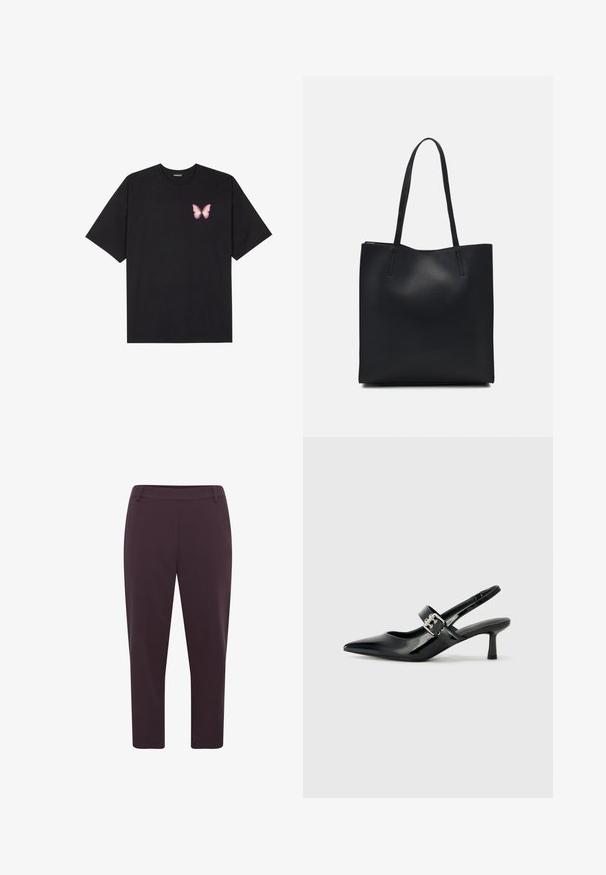 Black cotton t-shirt with short sleeves, featuring a small pink butterfly graphic on the left chest. Crew neck design with a relaxed fit.; Dark purple trousers with a straight fit, cropped length, and smooth fabric. Features a flat waistband and no visible fastenings.; Black patent leather slingback heels with a pointed toe and a small block heel, featuring a silver buckle accent on the strap.; Black leather tote bag with smooth texture, rectangular shape, and two long handles. No visible hardware or embellishments.