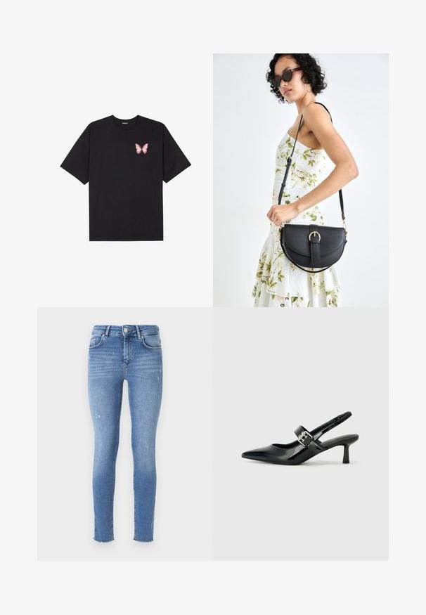 Camiseta de algodón negra de manga corta, con un pequeño gráfico de mariposa rosa en el lado izquierdo del pecho. Diseño de cuello redondo con un corte relajado.; Jeans ajustados de denim azul claro, con una cintura de altura media, ligero desgastado en las rodillas y dobladillo deshecho en el tobillo.; Zapatos de tacón en charol negro con tira al tobillo, punta afilada y un pequeño tacón bloque, que cuentan con un acento de hebilla plateada en la correa.; Bolso de piel negra con forma curva, correa desmontable y herrajes dorados. El bolso cuenta con una solapa con un detalle de hebilla.