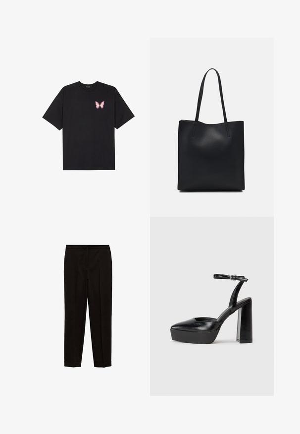 Black cotton t-shirt with short sleeves, featuring a small pink butterfly graphic on the left chest. Crew neck design with a relaxed fit.; Black tailored trousers with a straight leg design, featuring a smooth texture, pressed front creases, and cuffed hems.; Black platform heels with a pointed toe and adjustable ankle strap. Constructed from smooth leather, featuring a chunky block heel.; Black leather tote bag with smooth texture, rectangular shape, and two long handles. No visible hardware or embellishments.