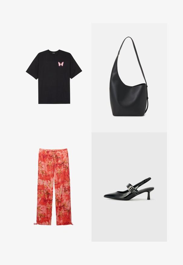 T-shirt en coton noir à manches courtes, avec un petit graphique de papillon rose sur la poitrine gauche. Modèle à col rond avec une coupe décontractée.; Pantalons rouges avec un motif de étoile de mer florale, fabriqués en tissu doux. Ils sont dotés d'une taille élastique et de poignets ajustables aux chevilles.; Escarpins slingback en cuir verni noir avec un bout pointu et un petit talon bloc, mettant en avant un accent en boucle argentée sur la sangle.; Sac hobo en cuir noir avec une texture lisse, une forme incurvée et une seule sangle réglable ; dispose d'une large ouverture en haut.