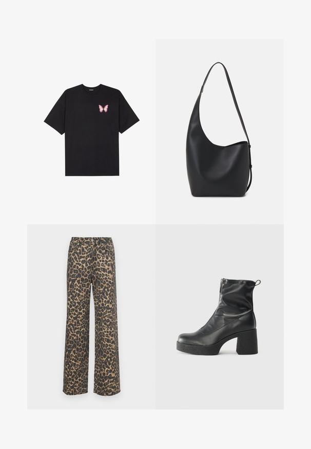 T-shirt de algodão preto com mangas curtas, apresentando um pequeno gráfico de borboleta rosa no lado esquerdo do peito. Design de gola redonda com um corte solto.; Jeans de perna larga com padrão de leopardo em mistura de algodão. Apresenta cintura alta, bolsos frontais e padrão contrastante de preto e castanho. Corte slim e reto.; Botas de tornozelo pretas feitas de couro liso, com fecho lateral, salto grosso texturizado e design de bico arredondado.; Saco hobo preto em pele com uma textura lisa, forma curva e uma única alça ajustável; apresenta uma abertura larga na parte de cima.