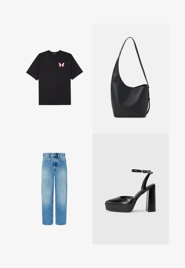 Must muströöpidega must puuvillane T-särk, vasakul rinnal on väike roosa liblikas. Ümar kaelus ja vabalt istuv lõige.; Hele sinine denim-teksad sirge sääre disainiga, kõrge vöökohaga, esikottidega ja nööbiga kinnitusega. Omab peent hägustumist ja ei sisalda lisandusi.; Mustad platvormi kontsad terava ninaga ja reguleeritava pahkluuraamiga. Valmistatud siledast nahast, funktsioneerib massiivse plokknäheeliga.; Mustast nahast hobo kott, millel on sile tekstuur, kumer kuju ja üks reguleeritav rihm; peal on lai avaus.