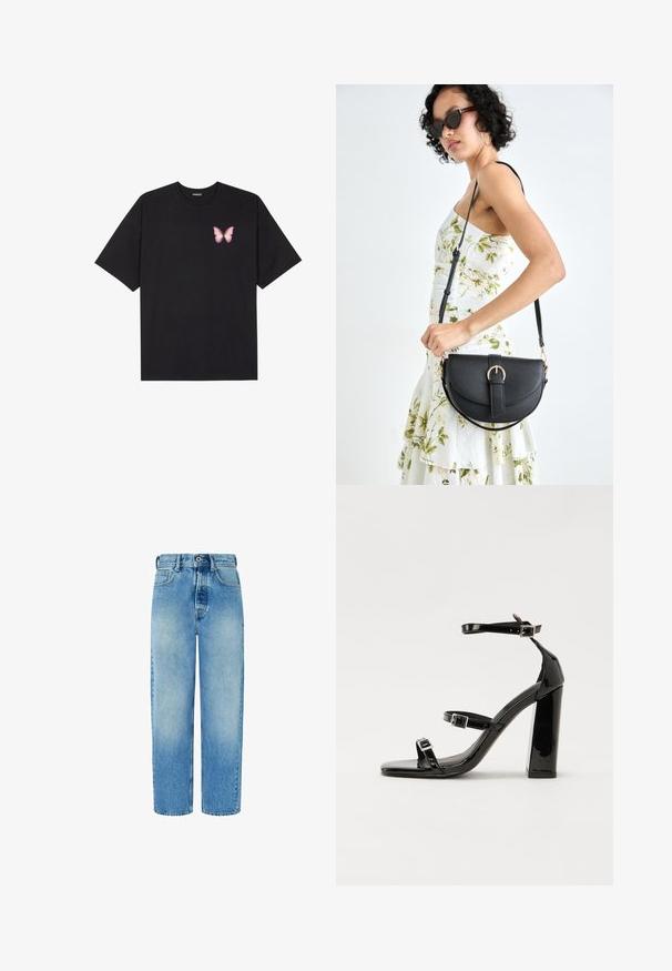 Must muströöpidega must puuvillane T-särk, vasakul rinnal on väike roosa liblikas. Ümar kaelus ja vabalt istuv lõige.; Hele sinine denim-teksad sirge sääre disainiga, kõrge vöökohaga, esikottidega ja nööbiga kinnitusega. Omab peent hägustumist ja ei sisalda lisandusi.; Mustad läikiva lakknahaga kõrge kontsaga sandaalid kahe pandlaga, kandilised varbad ja jäme plokk-kontsaosa, millel on sile ja läikiv tekstuur.; Mustmust mustraha kõverate joontega, eemaldatava rihmaga ja kuldsete detailidega. Kotil on klapp, millel on pandladetail.