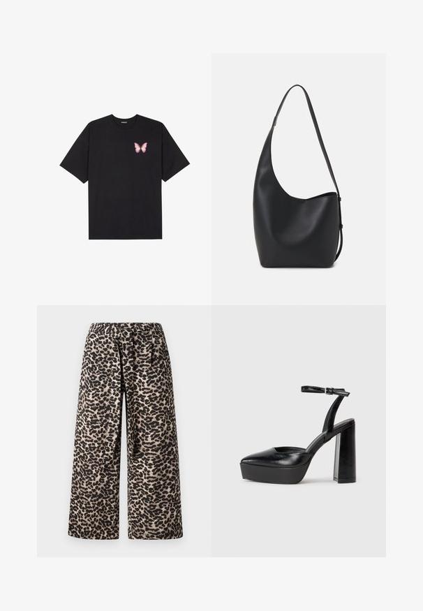 Zwarte katoenen t-shirt met korte mouwen, voorzien van een kleine roze vlinder graphic op de linkerkant van de borst. Crew neck ontwerp met een relaxte fit.; Wijduitlopende broek in een luipaard print, met een zwart en beige kleurenschema, zachte stof en een elastische tailleband voor comfort.; Zwarte plateauhakken met een puntige neus en verstelbare enkelband. Gemaakt van soepel leer, met een robuuste blokhak.; Zwarte leren hobo tas met een gladde textuur, kromme vorm en een enkele verstelbare schouderband; heeft een brede opening aan de bovenkant.