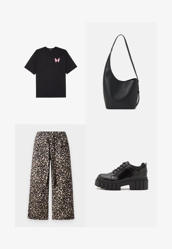 Must muströöpidega must puuvillane T-särk, vasakul rinnal on väike roosa liblikas. Ümar kaelus ja vabalt istuv lõige.; Laiad püksid leopardimustriga, musta ja beeži värvipaleti, pehme kangaga ning elastse vöökoha mugavuse tagamiseks.; Must musta platvormsussid paksu plokkninal, ümmarguse varbaga ja traditsioonilise nööridega kinnitamisega. Sussid on sileda tekstuuriga ja minimaalsete detailidega.; Mustast nahast hobo kott, millel on sile tekstuur, kumer kuju ja üks reguleeritav rihm; peal on lai avaus.