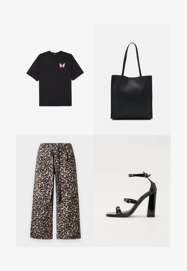 Melna kokvilnas T-krekls ar īsām piedurknēm, kuram priekšā kreisajā pusē ir neliels rozā tauriņa grafiskais attēls. Ar apaļu kaklu un brīvā stila piegriezumu.; Platām kājām bikses leopardu rakstā, kas izceļas ar melnbaltu krāsu shēmu, mīkstu audumu un elastīgu jostu komfortam.; Melnas lakotas augstpapēžu čības ar kvadrāta purngalu, potīšu siksniņām un sudraba sprādzēm. Aprīkotas ar masīvu bloku papēdi stabilitātei.; Melnas ādas somiņa ar gludu tekstūru, taisnstūra formu un divām garām rokturiem. Nav redzamu aparatūras vai rotājumu.