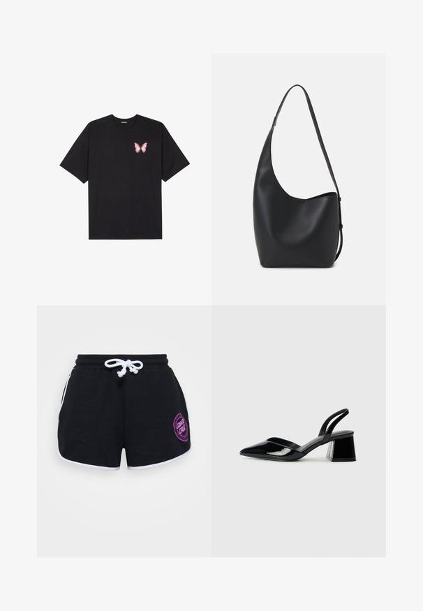 Svart bomulls T-skjorte med korte ermer, med en liten rosa sommerfugl grafikk på venstre bryst. Crew-neck design med en avslappet passform.; Sorte bomullershorts med hvit snor, hvit kant og en lilla sirkulær logo på høyre front.; Svarte patentlær slingback hæler med spiss tå og geometrisk blokk hæl. Har et stilrent, minimalistisk design og jevn tekstur.; Svart lær hobo-veske med glatt tekstur, buet form og enkelt justerbart stropp; har en bred åpning på toppen.