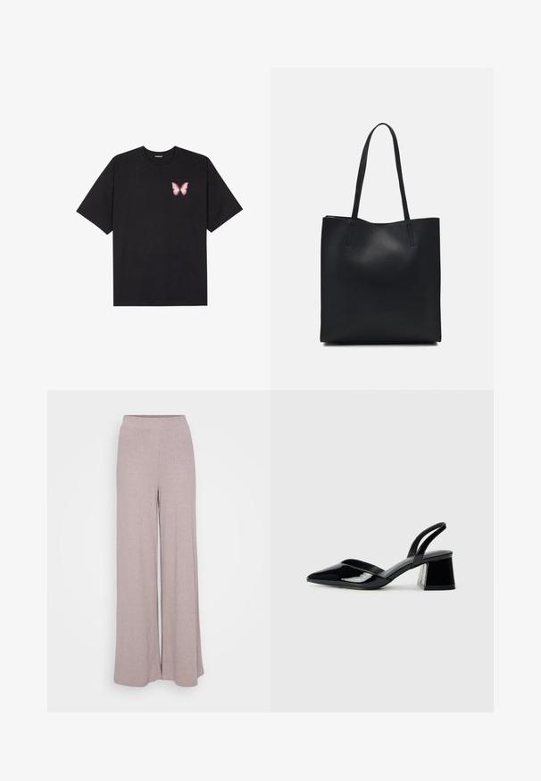 Black cotton t-shirt with short sleeves, featuring a small pink butterfly graphic on the left chest. Crew neck design with a relaxed fit.; Wide-leg pants made of soft, ribbed fabric in a light mauve color. Features an elastic waistband for comfort and a flowing silhouette.; Black patent leather slingback heels with a pointed toe and a geometric block heel. Features a sleek, minimal design and smooth texture.; Black leather tote bag with smooth texture, rectangular shape, and two long handles. No visible hardware or embellishments.