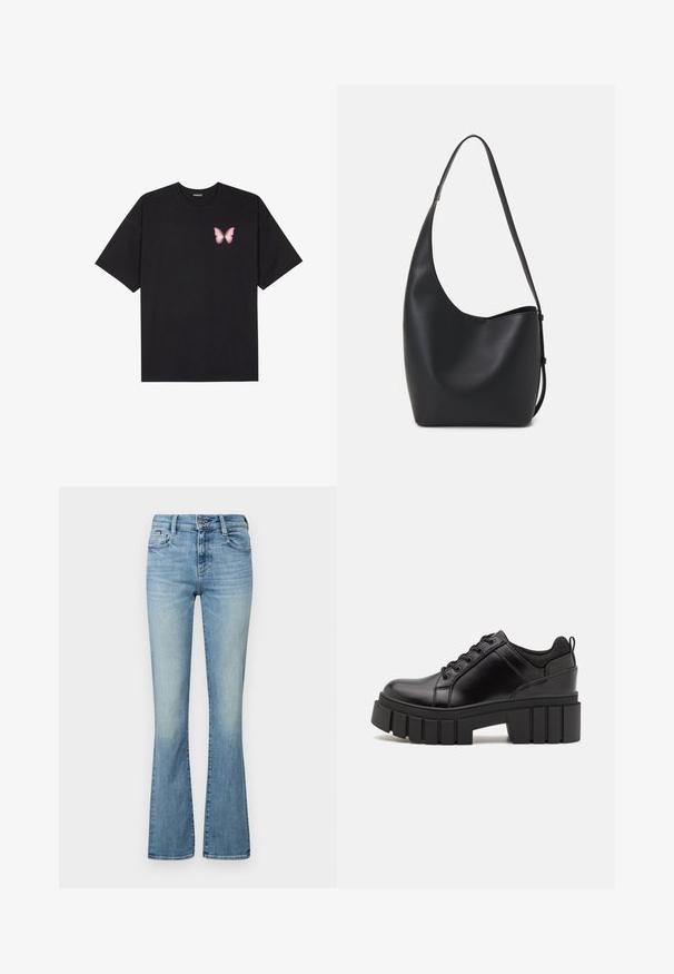 Črna bombažna majica s kratkimi rokavi, ki ima majhen roza metuljček na levi strani prsnega dela. Majica s krožnim ovratnikom in sproščenim krojem.; Svijetloplavi traper flared traperice, s srednje visokim strukom, prednjim džepovima i izblijedjelim završnim obradama. Klasičan dizajn s pet džepova i detaljima šivanja.; Črne usnjene platforme z debelim blokastim petam, okroglo konico in klasičnim vezanjem. Imajo gladko teksturo in minimalne podrobnosti.; Črna usnjena hobo torba z gladko teksturo, ukrivljeno obliko in eno nastavljivo naramnico; ima širok odprtina na vrhu.