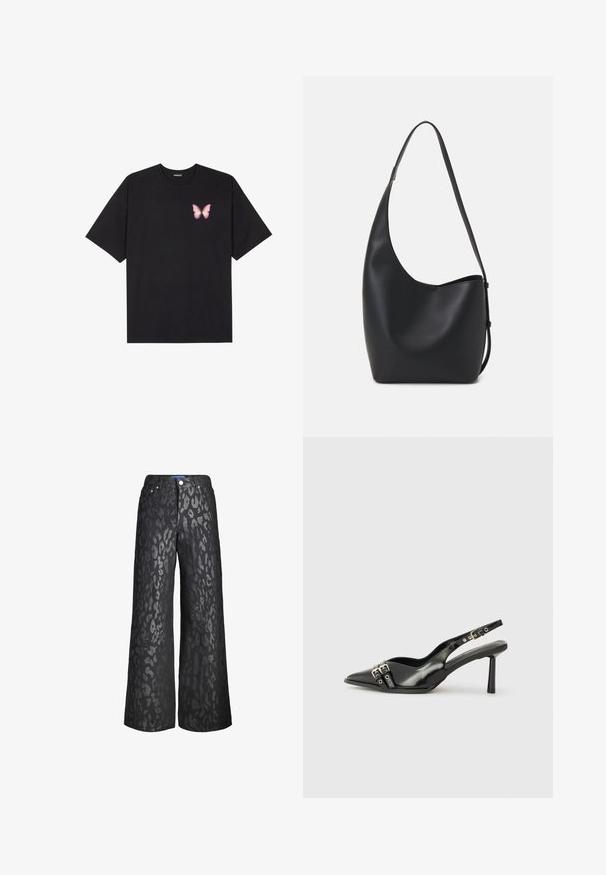 Camiseta de algodón negra de manga corta, con un pequeño gráfico de mariposa rosa en el lado izquierdo del pecho. Diseño de cuello redondo con un corte relajado.; Pantalones de pierna ancha negros con un patrón de estampado animal en diferentes tonos de gris. Hechos de denim, con cinco bolsillos y un cierre delantero con botón.; Zapato de charol negro tipo slingback con punta afilada, correas al tobillo con hebillas y herrajes de plata, y un tacón delgado.; Bolso tipo hobo de cuero negro con una textura suave, forma curvada y una sola correa ajustable; presenta una amplia apertura en la parte superior.