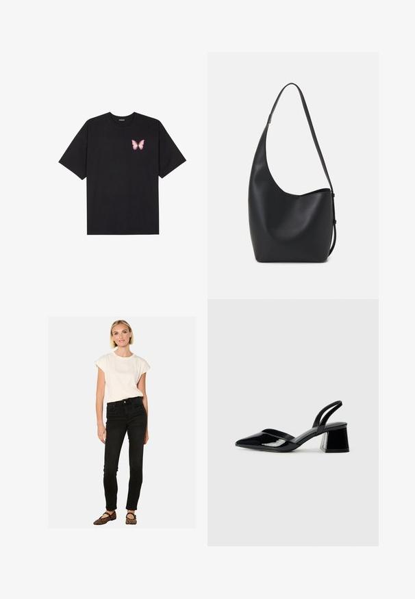 Melna kokvilnas T-krekls ar īsām piedurknēm, kuram priekšā kreisajā pusē ir neliels rozā tauriņa grafiskais attēls. Ar apaļu kaklu un brīvā stila piegriezumu.; Melni džinsi ar studu detaļām priekšā, apvienoti ar mīkstu krēmkrāsas T-kreklu. Modelis valkā melnas un leoparda raksta balerīnas.; Melna lakota āda ar atvērto papēdi, ar smailu purngalu un ģeometrisku blokpapēdi. Iezīmējas elegants, minimāls dizains un gluda tekstūra.; Melnas ādas hobo soma ar gludu tekstūru, izliekta forma un vienu regulējamu jostu; augšā ir plaša atvere.