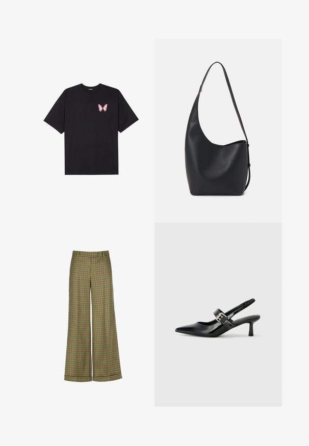 Črna bombažna majica s kratkimi rokavi, ki ima majhen roza metuljček na levi strani prsnega dela. Majica s krožnim ovratnikom in sproščenim krojem.; Luisa Spagnoli OSPITALITA - Hlače - verde bosco; Črne patent usnjene slingback pete s koničastim nosom in majhnim blok peto, ki vključujejo srebrno zaponko na traku.; Črna usnjena hobo torba z gladko teksturo, ukrivljeno obliko in eno nastavljivo naramnico; ima širok odprtina na vrhu.