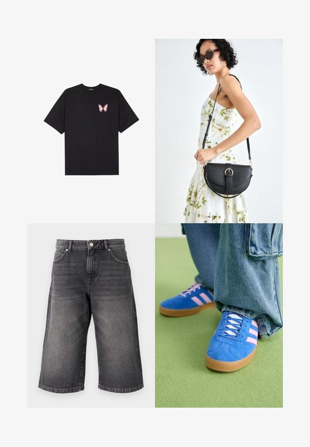 Black cotton t-shirt with short sleeves, featuring a small pink butterfly graphic on the left chest. Crew neck design with a relaxed fit.; Black denim shorts, loose fit with a mid-rise waist. Features five pockets, a metal button closure, and faded texture for a worn appearance.; Blue suede shoes with pink stripes and white laces, featuring a gum rubber sole, paired with loose denim pants on a green surface.; Black leather handbag with a curved shape, detachable strap, and gold hardware. The bag features a flap with a buckle detail.