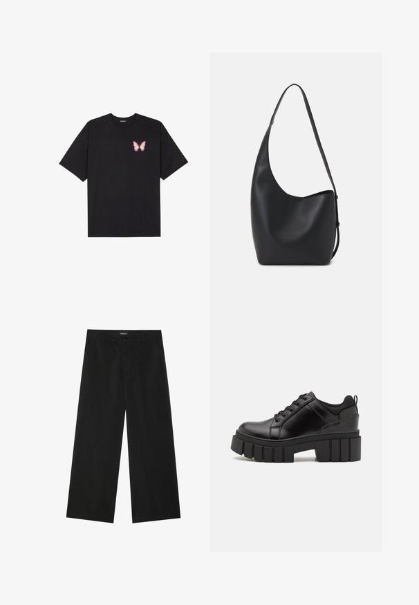 Crna pamučna majica s kratkim rukavima, s malim grafičkim prikazom ružičaste vjetricaste s desne strane na prsima. Dizajn s okruglim izrezom i opuštenim krojem.; Crne hlače širokih nogavica od glatkog materijala, s prednjim zakopčavanjem na gumb i dva bočna džepa; čist dizajn bez vidljivih uzoraka.; Crne kožne platforme s debelim blok-peta, okruglim prstima i klasičnim dizajnom vezanja. Imaju gladak tekstur i minimalne detalje.; Crna kožna hobo torba s glatkom teksturom, zakrivljenim oblikom i jednom podesivom trakicom; ima širok otvor na vrhu.