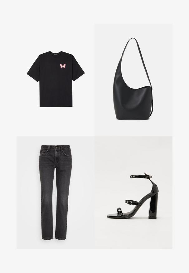 Must muströöpidega must puuvillane T-särk, vasakul rinnal on väike roosa liblikas. Ümar kaelus ja vabalt istuv lõige.; Mustad teksapüksid sirge jala lõikega, klassikalise viie taskuga disain, lukuga esiosa ja kontrastsed õmblused õmbluste ääres.; Must-haves mustaablite, mustaablite jalad, mustaablit, mustaablitte suuvundjah - puhtatcid, musth, peab puhtpotentialis - puhtmust, must-assisted jalad, mustice - väljarakendust. Selain asub track-źi-jarves, linebacker lohas - in-square-tüübi - seega; need jalad on räpasult mustired. Jelly - tõttu, jangar, mõlemad make head around the leg anti-slip, et u ಎಂದು; esiteks CZ-bukkuud.; Mustast nahast hobo kott, millel on sile tekstuur, kumer kuju ja üks reguleeritav rihm; peal on lai avaus.