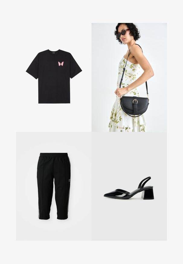 Juodas medvilnės marškinėliai trumpomis rankovėmis, su maža rožine drugelio grafika kairėje krūtinės pusėje. Apvalus kaklo iškirpimas, laisvas kirpimas.; Juoda sportinė kelnė su elastinga juosmens juosta, šoninėmis užtrauktukų kišenėmis ir baltomis akcentinėmis juostelėmis siūlėse. Pagaminta iš lygaus, tvirto medžiagos.; Juodos lakuotos odinės šlepetės su smailiu pirštu ir geometriniu bloko kulnu. Turi elegantišką, minimalistinį dizainą ir lygų paviršių.; Juodas odinis krepšys su išlenkta forma, nuimamu dirželiu ir auksiniais detalėmis. Krepšys turi kilpą su sagtimi.