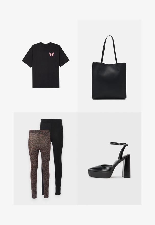 Musta puuvillapaita lyhyillä hihoilla, jossa on pieni vaaleanpunainen perhosgrafiikka vasemmassa rinnassa. Pyöreä kaula-aukko ja rento istuvuus.; Kaksi leggings-paria: yksi kiinteästä mustasta kankaasta, toinen ruskeasta mustalla leopardikuviolla, joissa on joustavat vyöt.; Mustat korkeat platform-kengät, joissa on terävä kärki ja säädettävä nilkkaremmi. Valmistettu sileästä nahasta ja varustettu paksulla lohkokorkeudella.; Mustapahkainen kangaskassi, jossa on sileä pinta, suorakaiteen muotoinen ja kaksi pitkää kahvaa. Ei näkyvää metalliosaa tai koristeita.