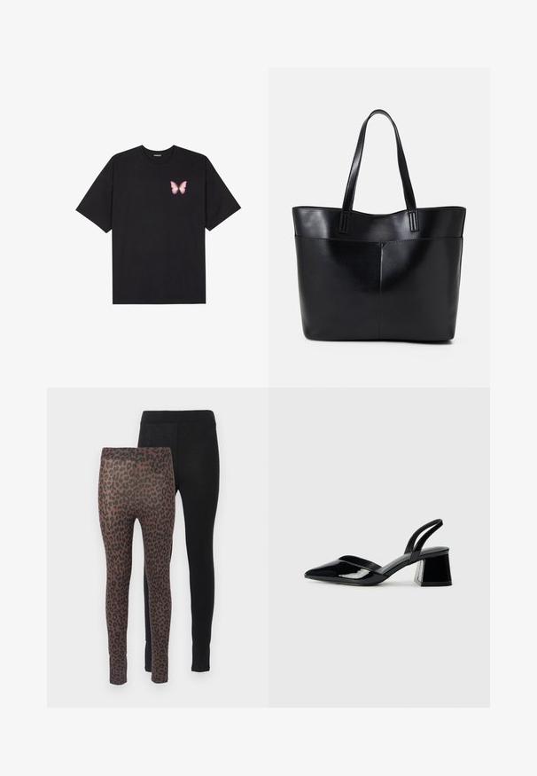Crna pamučna majica s kratkim rukavima, s malim grafičkim prikazom ružičaste vjetricaste s desne strane na prsima. Dizajn s okruglim izrezom i opuštenim krojem.; Dva para tajica: jedan u čvrstoj crnoj tkanini, a drugi smeđi s crnim uzorkom leoparda, s elastičnim pojasom.; Crne lakirane kožne sandale s otvorenom petom i špicastim vrhom, s geometrijskom blok petom. Imaju elegantan, minimalistički dizajn i glatku teksturu.; Crna kožna torba s dugim ručkama, glatkom teksturom i strukturiranim oblikom. Ima prednju džep za dodatno pohranu.