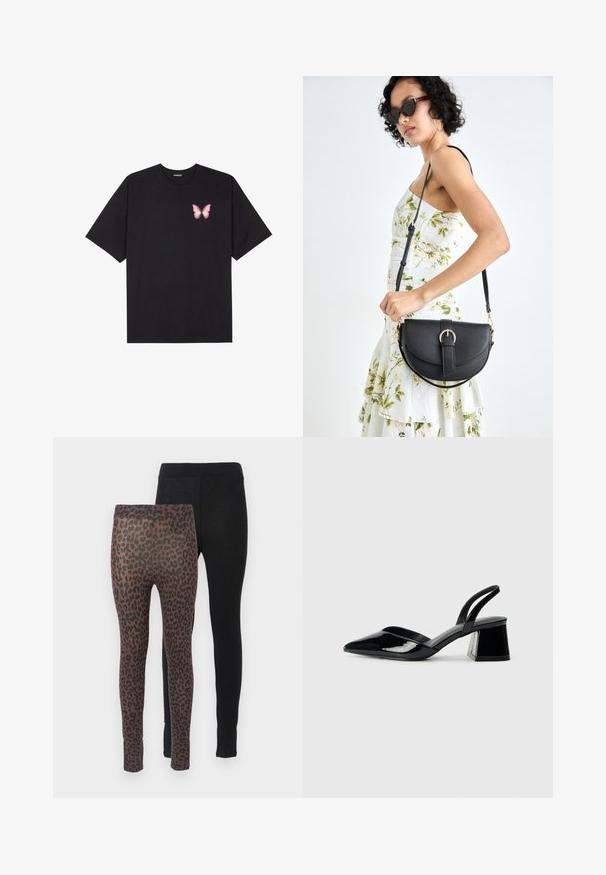 Czarny bawełniany t-shirt z krótkim rękawem, z małym różowym motylkiem na lewej piersi. Klasyczny dekolt z luźnym fasonem.; Dwie pary legginsów: jedna w jednolitym czarnym kolorze, druga w brązie z czarnym wzorem w panterkę, z elastycznymi paskami w talii.; Czarne lakierowane półbuty na obcasie z wydłużonym noskiem i geometrycznym słupkiem. Charakteryzują się eleganckim, minimalistycznym designem oraz gładką fakturą.; Czarna skórzana torebka o zakrzywionym kształcie, z odpinanym paskiem i złotymi akcentami. Torebka posiada klapę z zapięciem w kształcie klamry.