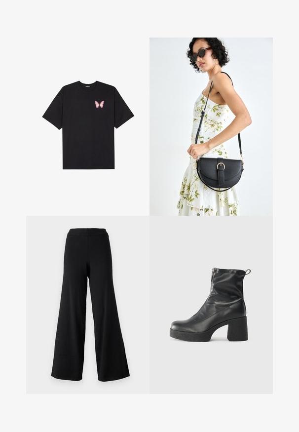 Sort bomulds T-shirt med korte ærmer, prydet med en lille pink sommerfugl grafik på venstre bryst. Rund hals design med en afslappet pasform.; Sorte brede bukser med en blød tekstur, der har et højt elastisk liv og et lige, flydende design, ideelle til komfort og bevægelse.; Sorte ankelstøvler lavet af glat læder, med en sidelukning, kraftig struktureret hæl og rundt tådesign.; Sort læderhåndtaske med en buet form, aftagelig rem og guldfinish. Tasken har en klap med en spænde detalje.