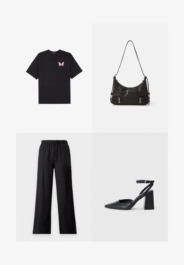 T-shirt en coton noir à manches courtes, avec un petit graphique de papillon rose sur la poitrine gauche. Modèle à col rond avec une coupe décontractée.; Pantalons larges noirs en tissu léger, dotés d'une taille élastique avec cordon de serrage et d'une texture lisse.; Escarpin noir en cuir à bout pointu avec une bride de cheville et un talon épais. Texture lisse, design élégant et esthétique minimaliste.; Sac à main noir de forme courbée, en matériau lisse. Il dispose de quincaillerie en argent, de sangles ajustables et d'accents de boucle sur les côtés.