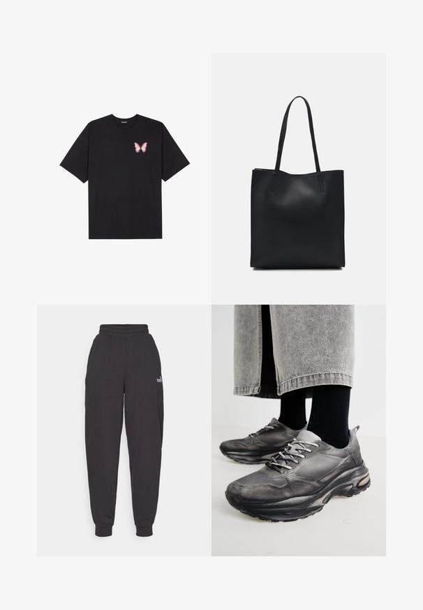 Črna bombažna majica s kratkimi rokavi, ki ima majhen roza metuljček na levi strani prsnega dela. Majica s krožnim ovratnikom in sproščenim krojem.; Črne trenirke iz mešanice bombaža, z elastičnim pasom in manšetami, z majhnim belim logotipom na levem kolku.; Črne in sive športne čevlje imajo mrežast zgornji del, debele podplate in vezalke. Imajo zaobljen nos in opazne podrobnosti oblazinjenja.; Črna usnjena torba s svilnato teksturo, pravokotne oblike in dvema dolgima ročajema. Brez vidnih metalnih delov ali okrasnih elementov.