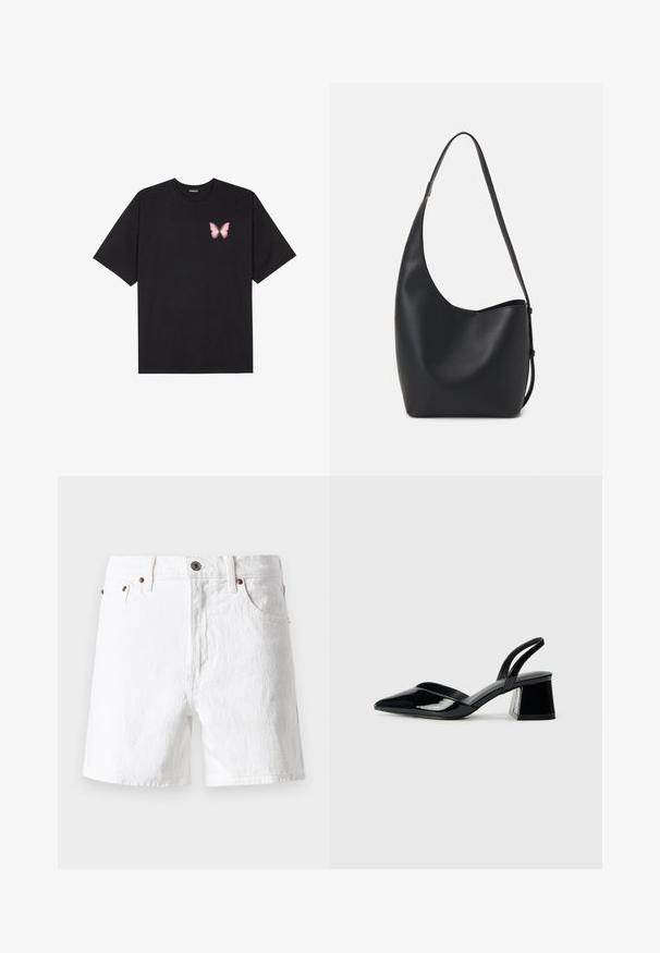 Črna bombažna majica s kratkimi rokavi, ki ima majhen roza metuljček na levi strani prsnega dela. Majica s krožnim ovratnikom in sproščenim krojem.; Bele jeans kratke hlače s klasičnim dizajnom, pet žepov, naglasi iz bakra in rahlo teksturirano zaključenost tkanine.; Črne lakirane slingback pete s koničastim nosom in geometrijsko blokasto peto. Imajo eleganten, minimalističen dizajn in gladko teksturo.; Črna usnjena hobo torba z gladko teksturo, ukrivljeno obliko in eno nastavljivo naramnico; ima širok odprtina na vrhu.