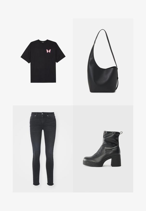 Melna kokvilnas T-krekls ar īsām piedurknēm, kuram priekšā kreisajā pusē ir neliels rozā tauriņa grafiskais attēls. Ar apaļu kaklu un brīvā stila piegriezumu.; Melna denima pieguļošas džinsus ar vidēju jostas līmeni, piecām kabatām un frēzu apakšmalu. Audumam ir gluda tekstūra ar nelielu elastību.; Melni potītes zābaki, kas izgatavoti no gludas ādas, ar sānu rāvējslēdzēju, masīvu strukturētu papēdi un noapaļotu purngalu.; Melnas ādas hobo soma ar gludu tekstūru, izliekta forma un vienu regulējamu jostu; augšā ir plaša atvere.; Sudraba riņķa auskari ar elegantu, apaļu dizainu, kas izceļas ar gludu virsmu un bez redzamām rotājumām. Diametrs netiek norādīts.