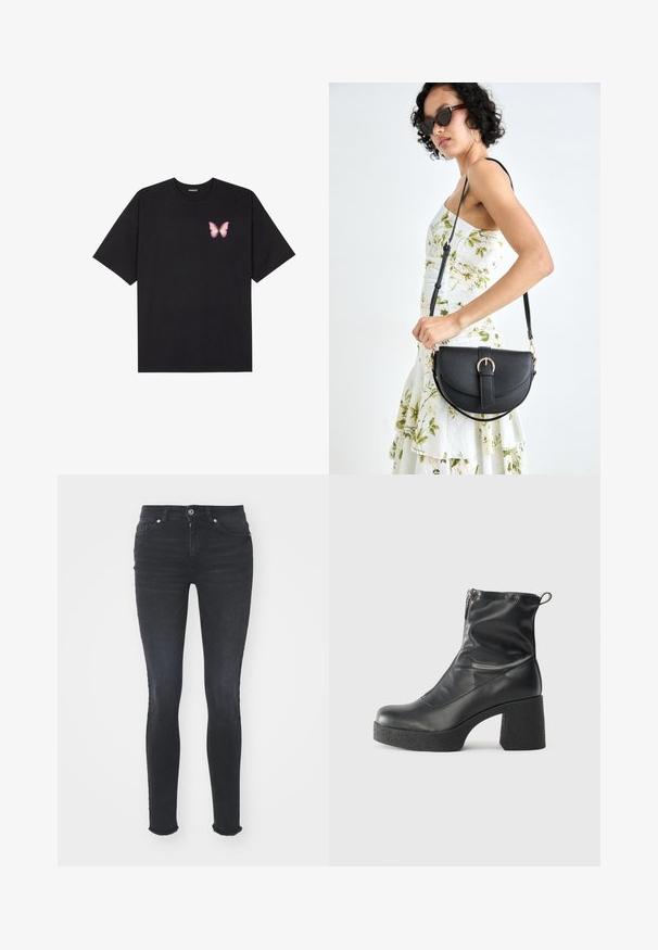 Fekete pamut póló rövid ujjakkal, bal mellkason egy kis rózsaszín pillangó grafikával. Kerek nyakú kialakítás, laza fazonnal.; Fekete farmer skinny nadrág közepes derékkal, öt zsebbel és sűrűsödött szegéllyel. Az anyag sima tapintású, enyhe rugalmassággal.; Fekete bokacsizmák sima bőrből, oldalsó cipzárral, vastag, texturált sarkú és lekerekített orrú dizájnnal.; Fekete bőrtáska ívelt formával, levehető pánttal és arany színű fémrészekkel. A táskán egy csattal díszített fedél található.; Ezüst karika fülbevalók, letisztult, kerek formával, sima felülettel és látható díszítés nélkül. A átmérő nem megadott.