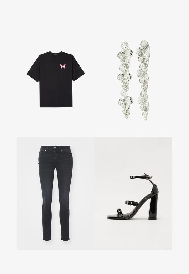 Crna pamučna majica s kratkim rukavima, s malim grafičkim prikazom ružičaste vjetricaste s desne strane na prsima. Dizajn s okruglim izrezom i opuštenim krojem.; Crne traperice uskog kroja s srednjim strukom, pet džepova i ofrkanim rubom. Tkanina ima glatku teksturu s blagim rastezanjem.; Crne lakirane sandale na pete sa kvadratnim nosom, trakama oko gležnja i srebrnim kopčama. Imaju čvrst blok petu za stabilnost.; Srebrne naušnice s cvjetnim uzorkom i slojevitim listovima. Tekstura izgleda složeno i polirano, ističući prirodni motiv.