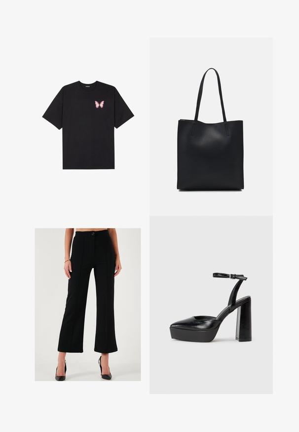 Fekete pamut póló rövid ujjakkal, bal mellkason egy kis rózsaszín pillangó grafikával. Kerek nyakú kialakítás, laza fazonnal.; Fekete, bő szárú nadrág magas derékkal, elöl gombos záródással és varrott részletekkel. Simaságáról és szerkezetéről ismert anyagból készült.; Fekete platform magassarkú cipők hegyes orral és állítható bokapánttal. Sima bőrből készült, vastag talppal.; Fekete bőrtáska sima felszínnel, téglalap alakú, két hosszú füllel. Nincs látható fémkiegészítő vagy díszítés.