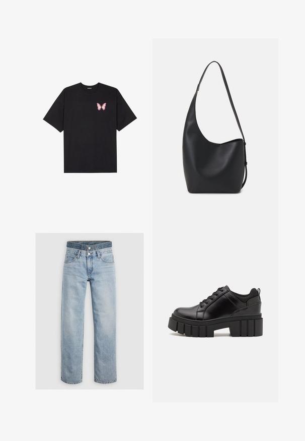 Melna kokvilnas T-krekls ar īsām piedurknēm, kuram priekšā kreisajā pusē ir neliels rozā tauriņa grafiskais attēls. Ar apaļu kaklu un brīvā stila piegriezumu.; Gai zilgani džinsi ar taisnām kājām, diviem priekšējiem kabatām un pogu aizdari. Iespējami izbalējuši punkti un diskrētas šuvju detaļas.; Melnas ādas platformas kurpes ar masīvu bloku papēdi, apaļu purngalu un tradicionālu saistīšanas dizainu. Izceļas ar gludu tekstūru un minimālu apdari.; Melnas ādas hobo soma ar gludu tekstūru, izliekta forma un vienu regulējamu jostu; augšā ir plaša atvere.